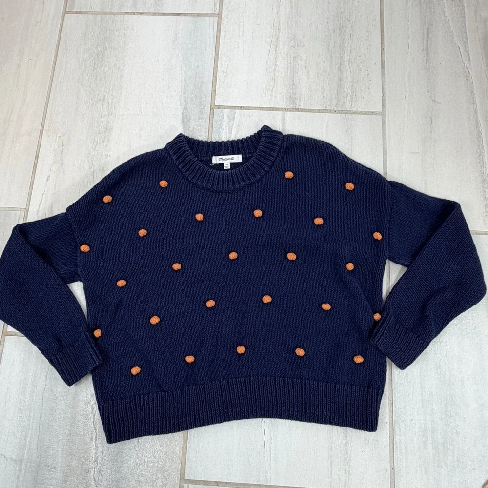 Madewell Navy Blue Orange Pom Pom Bobble Cotton Knit Crewneck Sweater XS